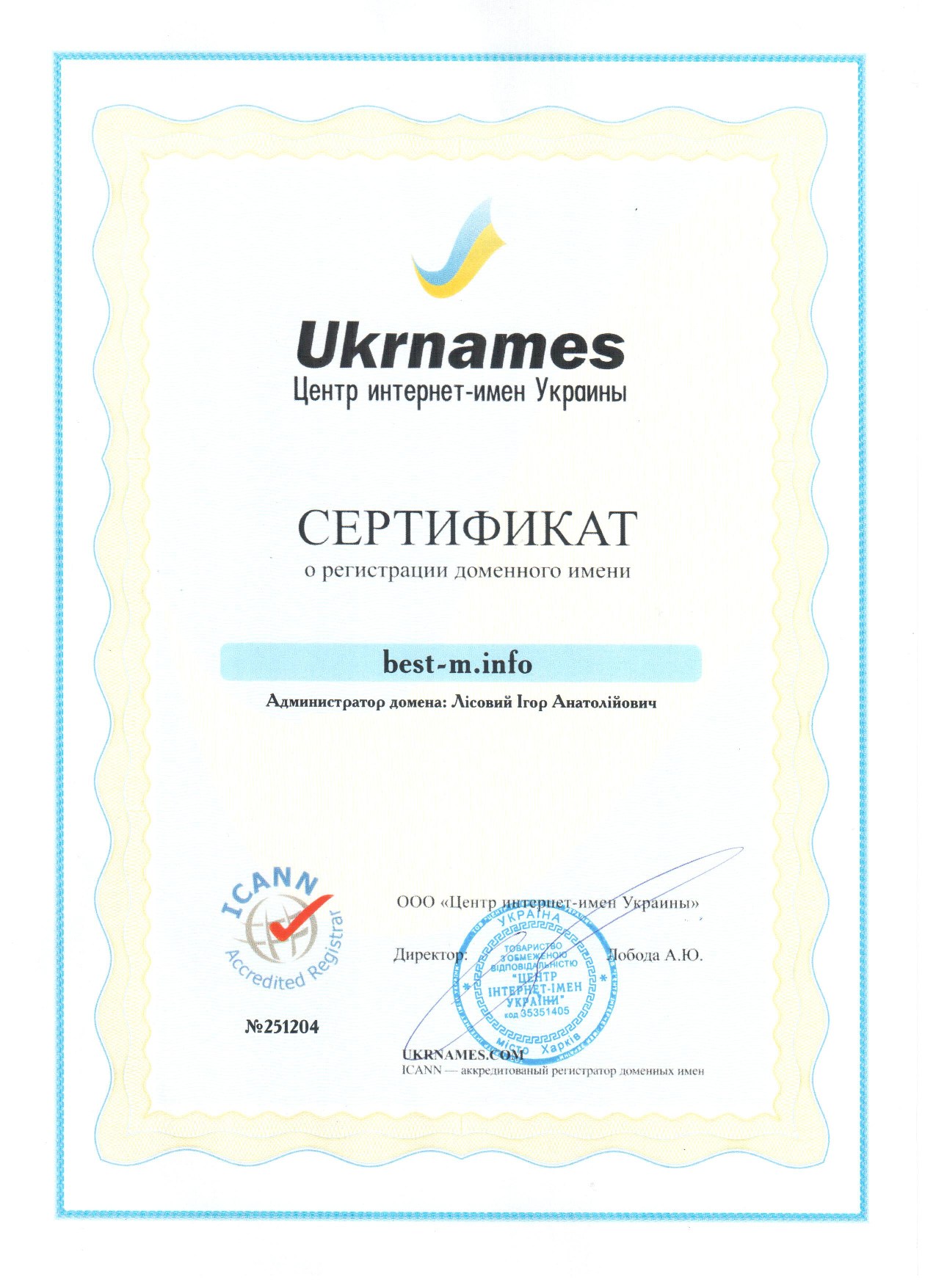 2010 Сертификат домена